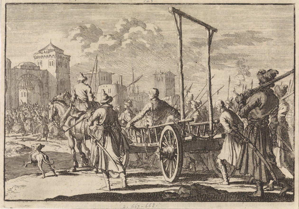 Arrivée de Stepan Razin et de son frère Frol dans une cage de fer à Moscou, 1671, 1698 - Pieter Van der Aa