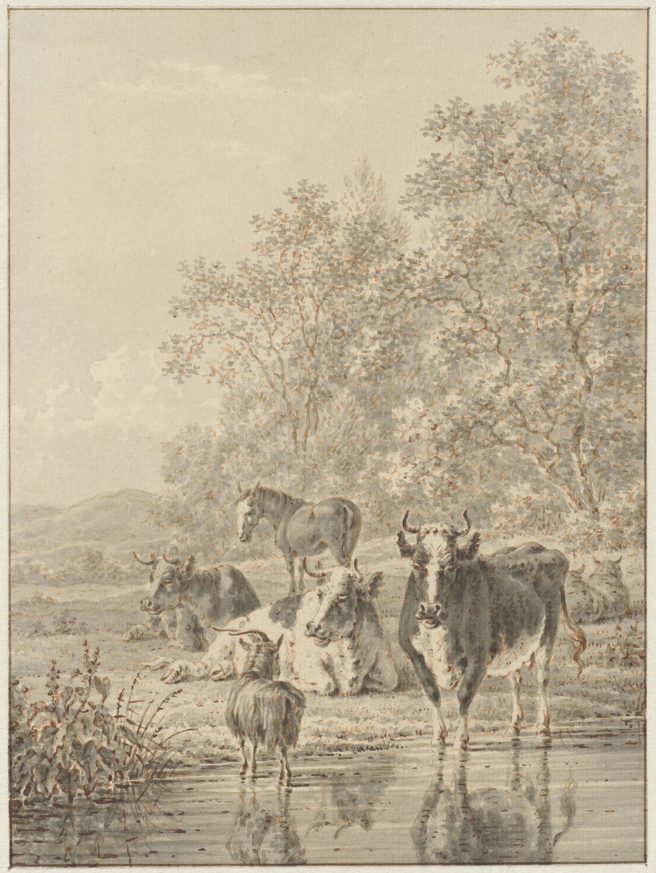 Paysage avec du bétail au bord de l
