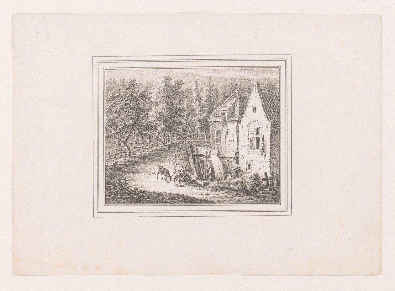 Paysage avec un moulin à eau et une chèvre attachée à une corde en train de paître - Pieter de Goeje