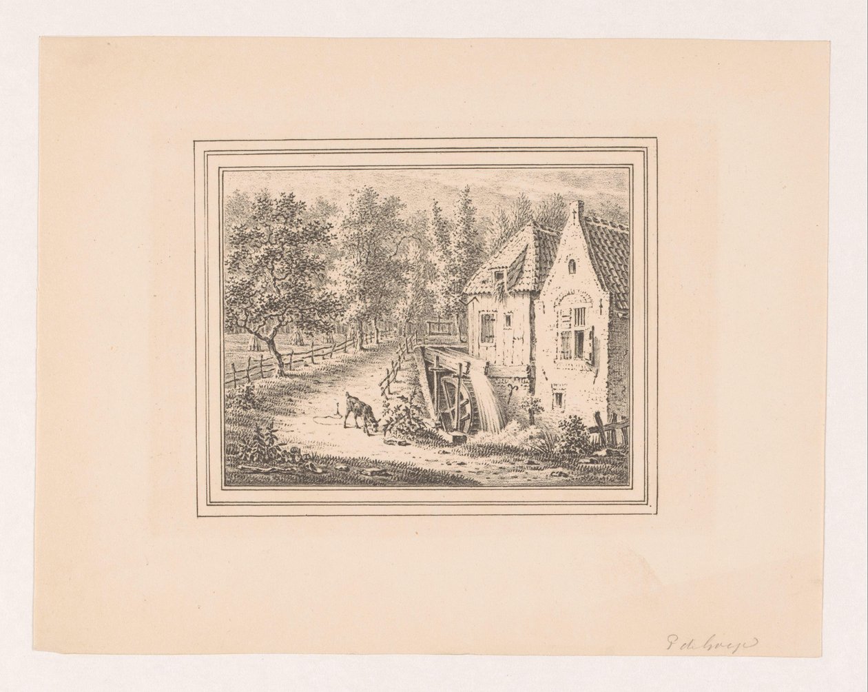 Paysage avec un moulin à eau et une chèvre attachée à une corde en train de paître - Pieter de Goeje