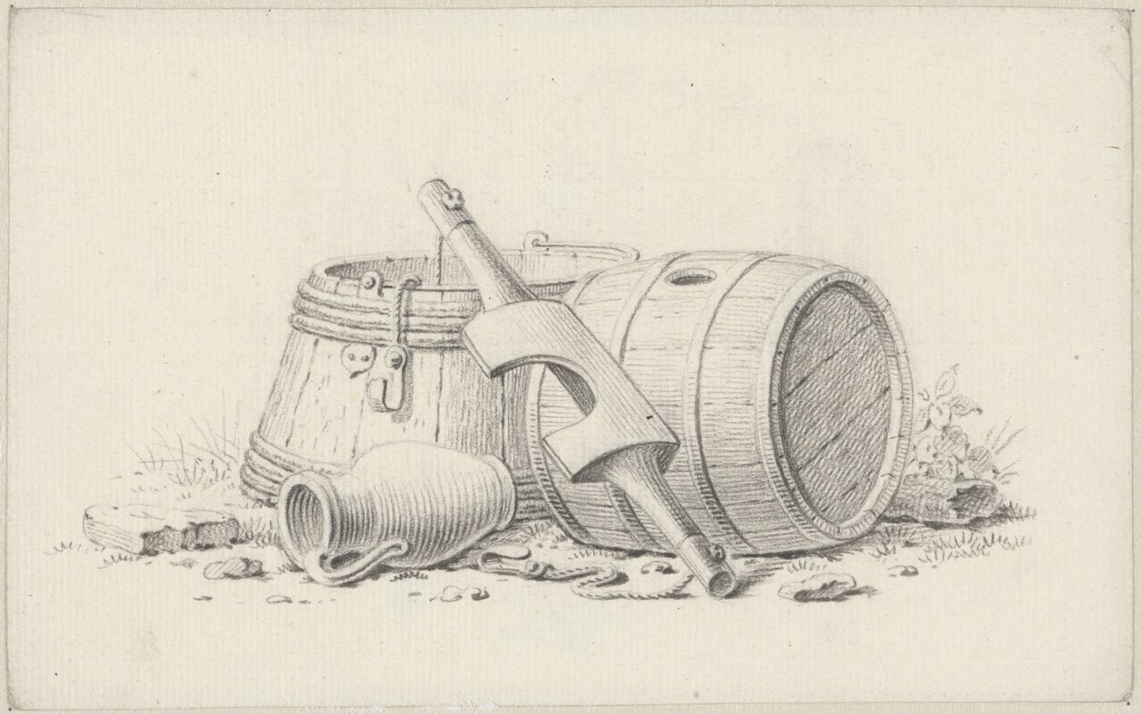 Nature morte avec des tonneaux, un joug et une cruche - Pieter de Goeje