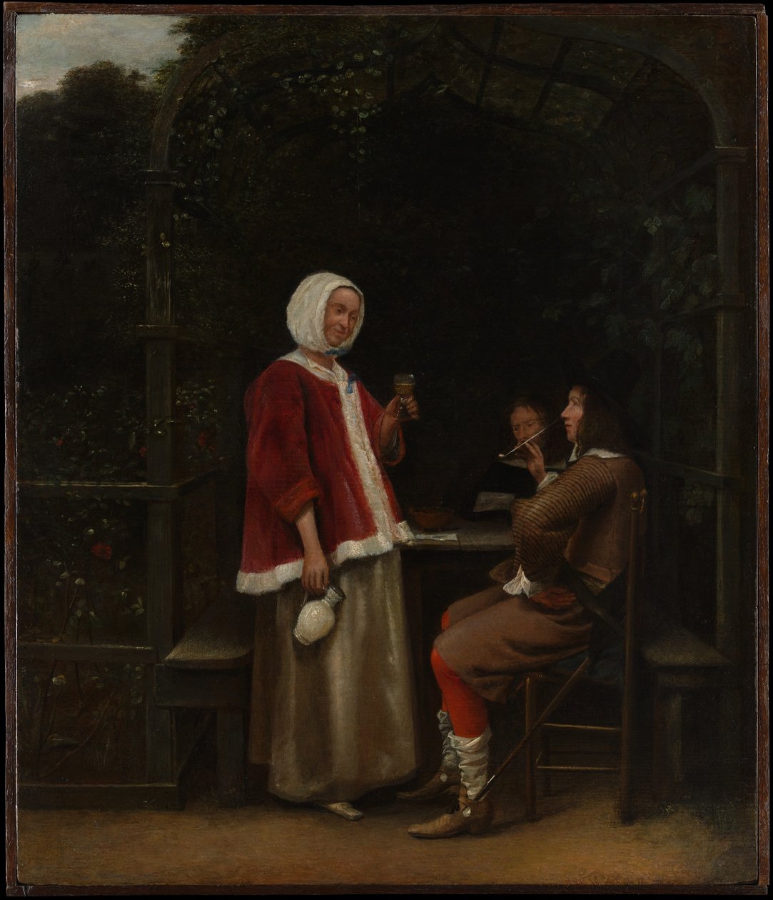 Une femme et deux hommes dans une tonnelle - Pieter de Hooch