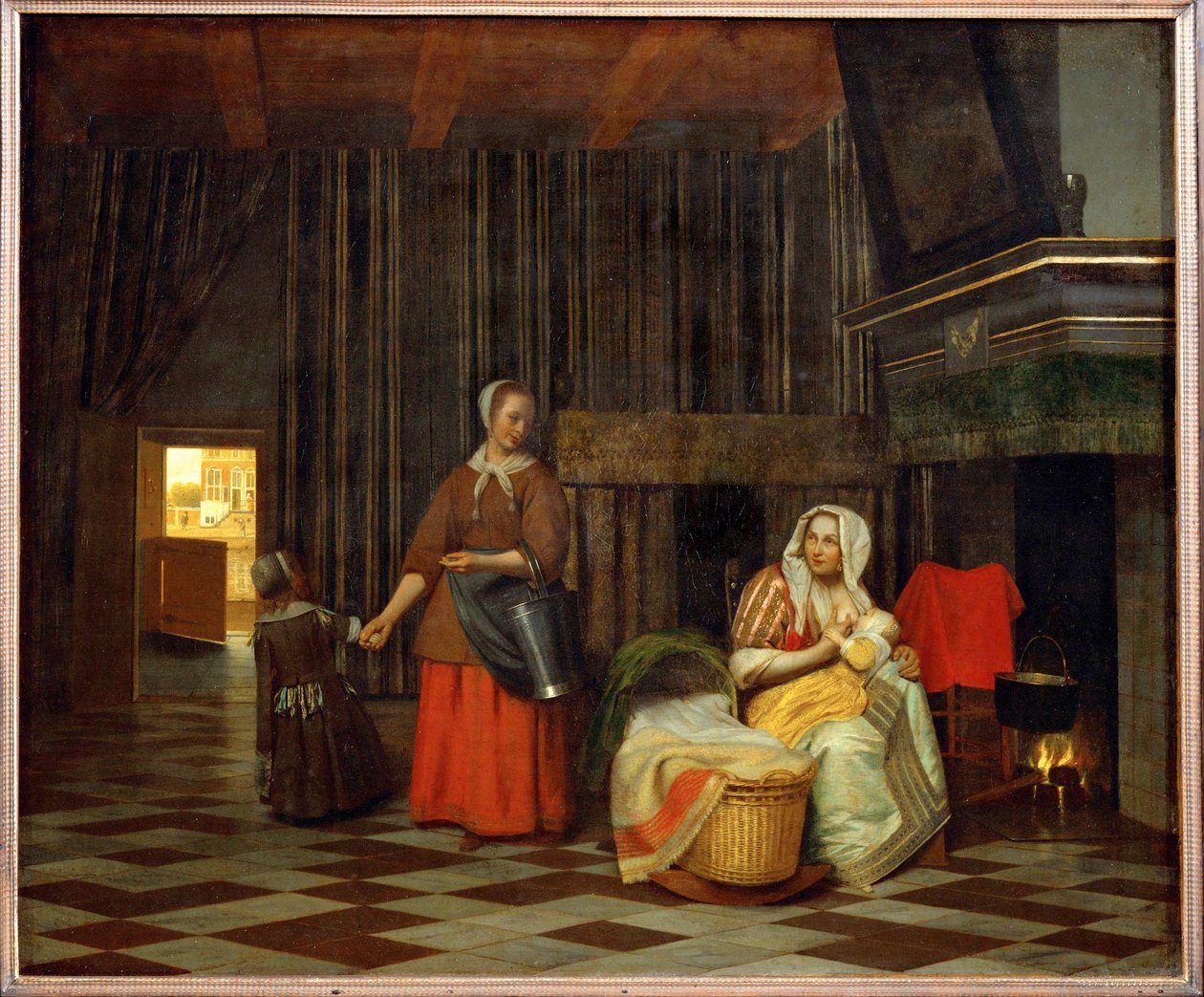 Intérieur avec une mère nourrissant son enfant et une servante (huile sur toile) - Pieter de Hooch