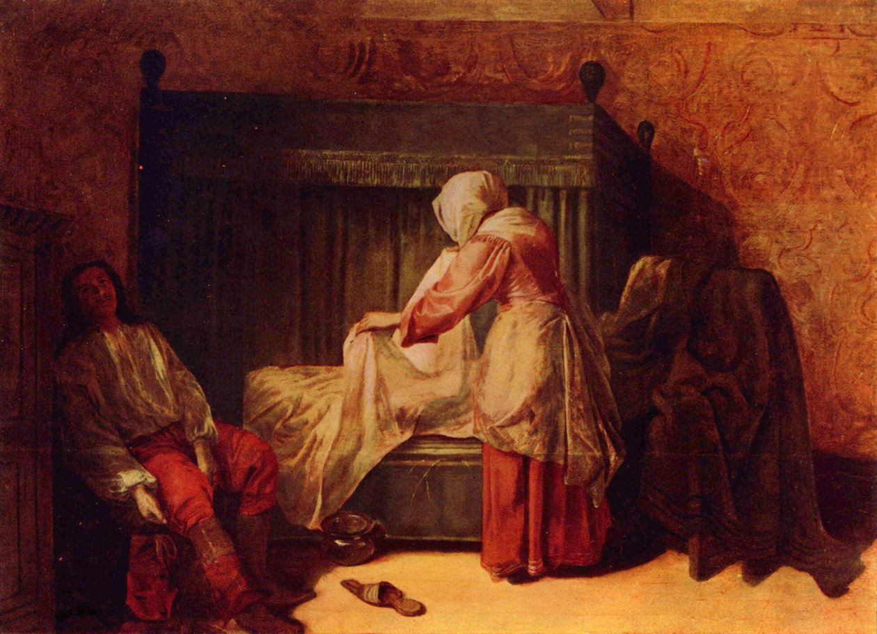 Soldat tirant une botte et femme faisant un lit - Pieter de Hooch