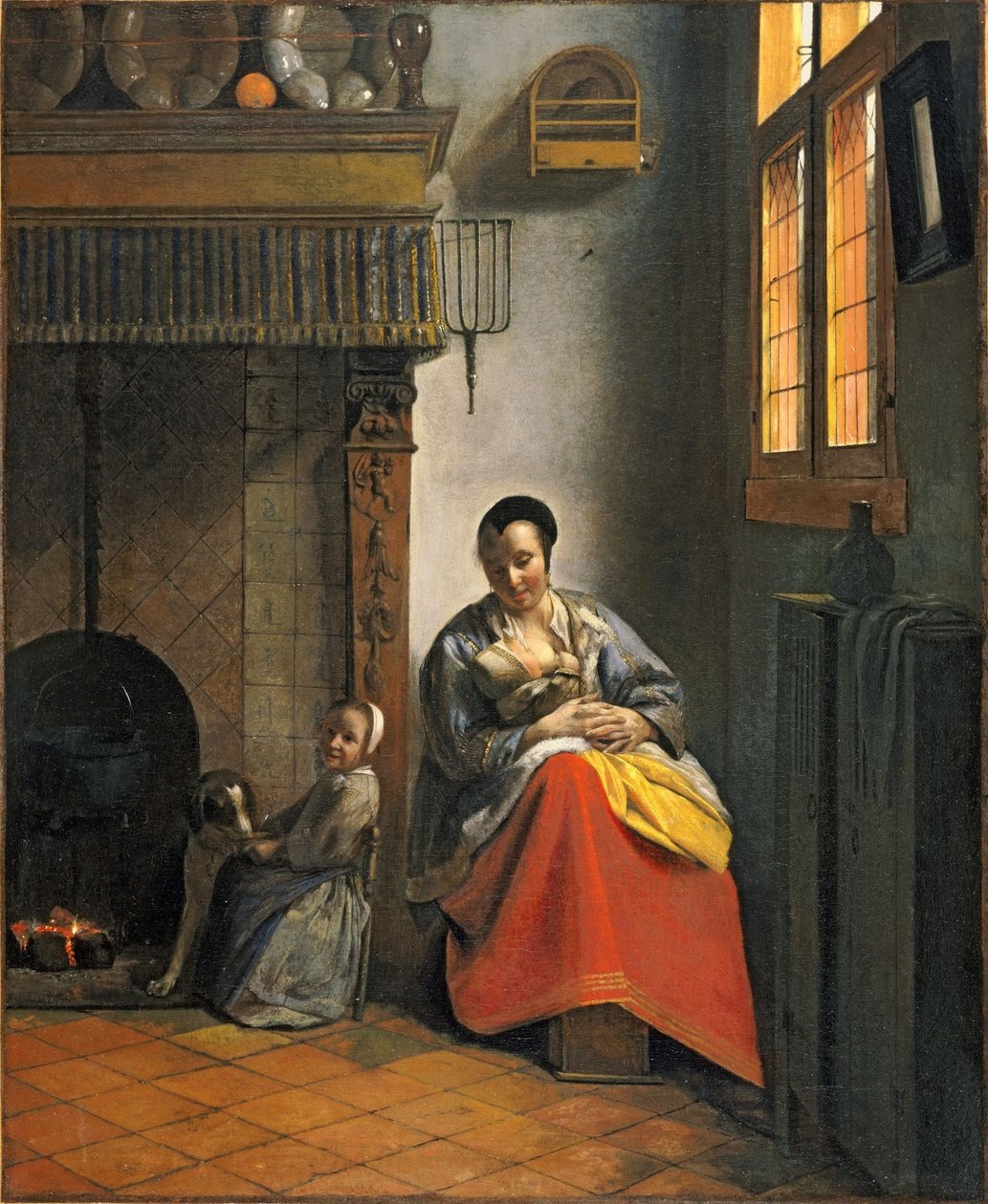 Femme allaitant un nourrisson, avec un enfant et un chien - Pieter de Hooch