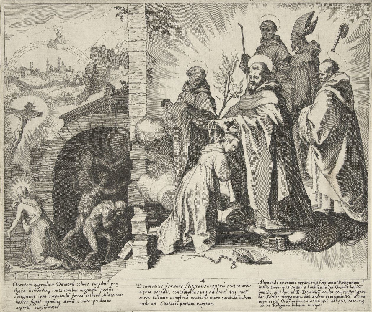 Catherine en prière / Vision de Catherine / Catherine devient dominicaine (Scènes de la vie et des miracles de Sainte Catherine de Sienne) - Pieter de Jode (I)