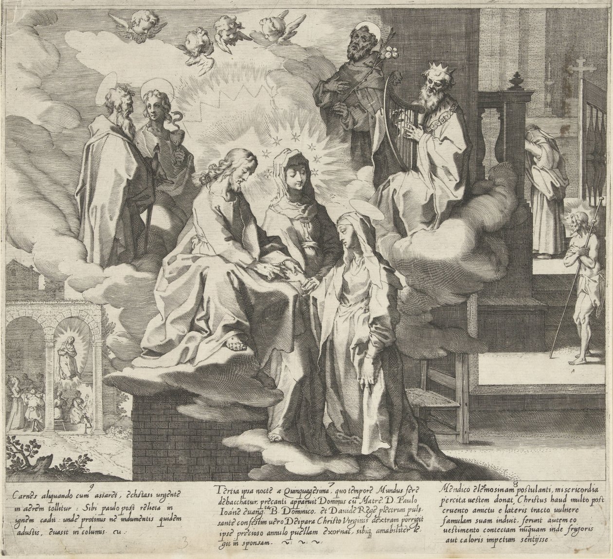Catherine apparaît / Mariage de Catherine / Catherine partage son manteau - Pieter de Jode (I)