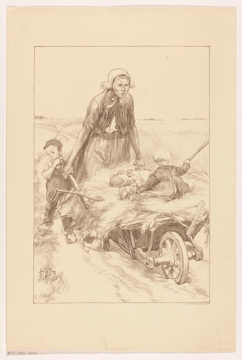 Paysanne poussant une brouette de foin avec deux enfants - Pieter de Josselin