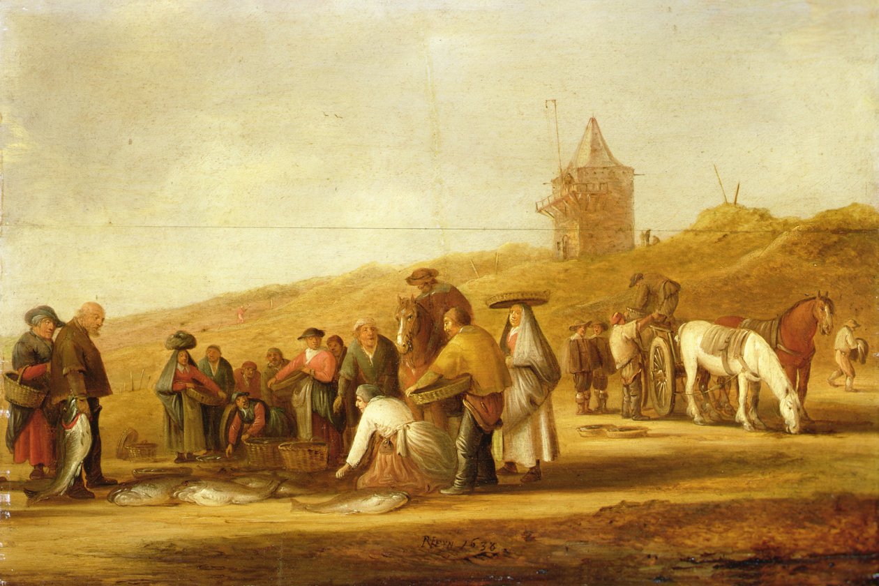 Pêcheurs vendant leur prise sur la plage - Pieter de Neyn