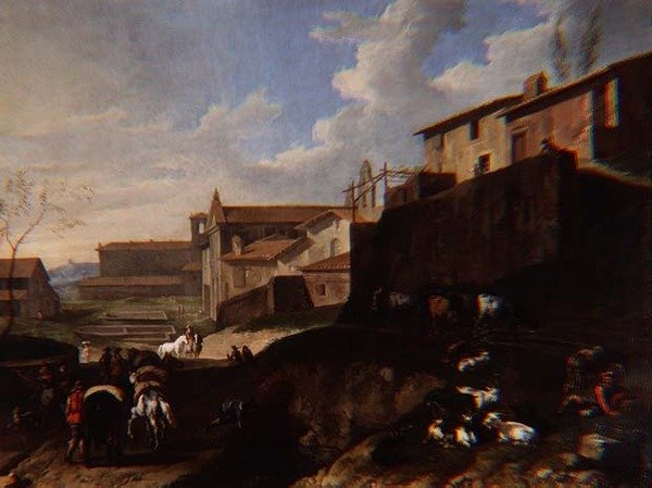 Vue capricieuse avec églises, cottages et voyageurs - Pieter van Bloemen