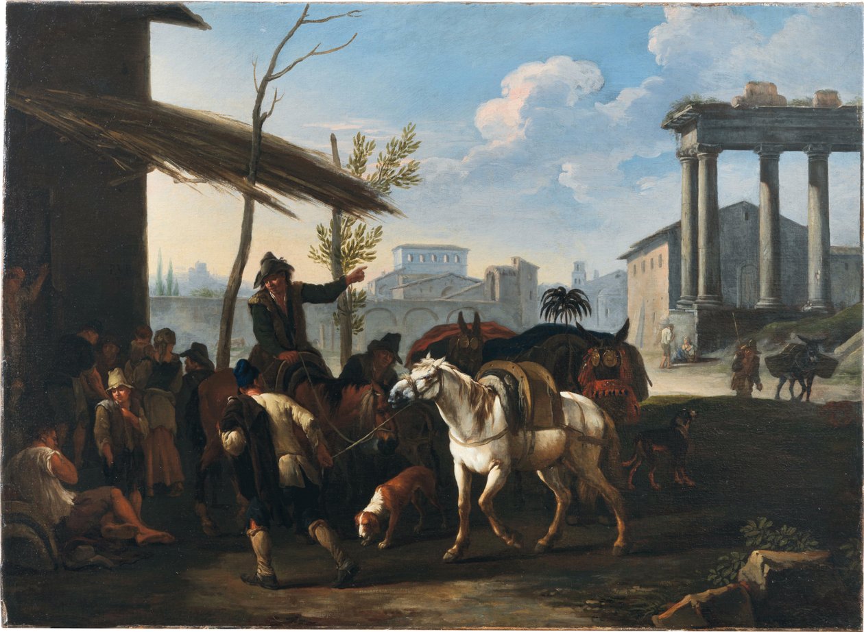 Paysans devant une auberge, ville et ruines anciennes au-delà - Pieter van Bloemen