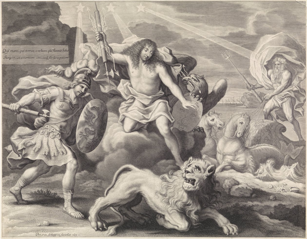 Gravure promotionnelle avec représentation allégorique de Louis XIV en Jupiter, 1659 - Pieter van Schuppen