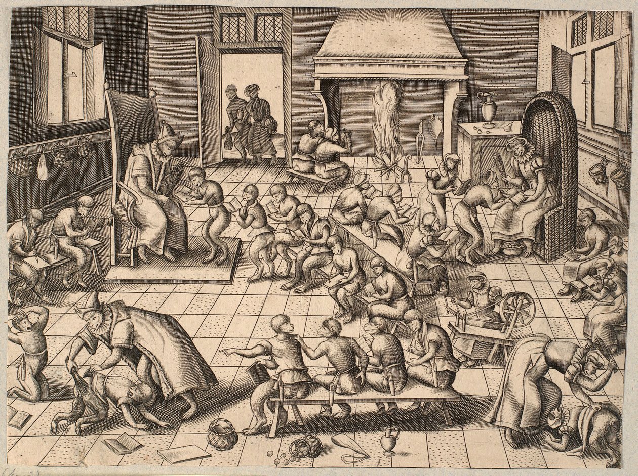 La salle de classe. Singes enseignés et fouettés dans une salle de classe - Pieter van der Borcht
