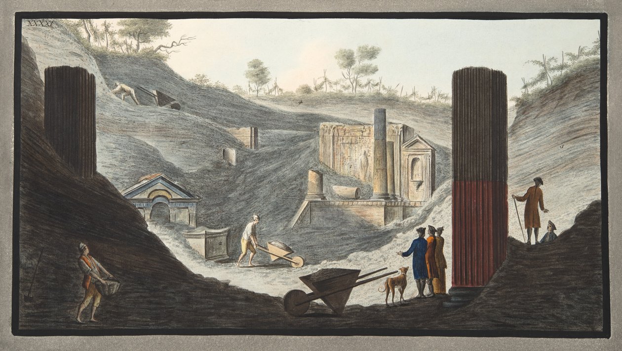 Premières fouilles à Herculanum, où Sir William était actif avec le soutien des monarques, de 
