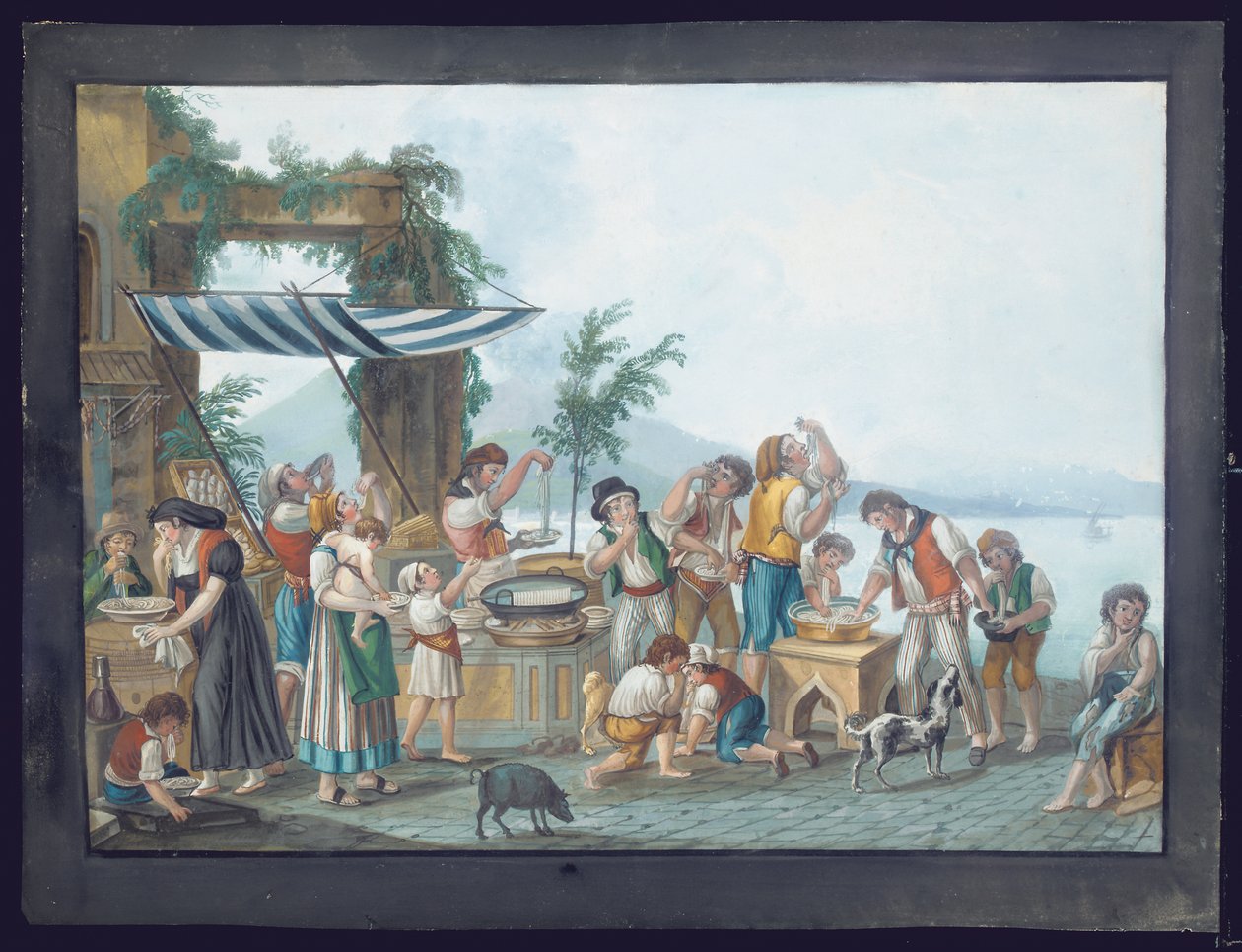 Mangeurs de spaghettis dans la baie de Naples, le Vésuve en arrière-plan (gouache sur papier) - Pietro Fabris