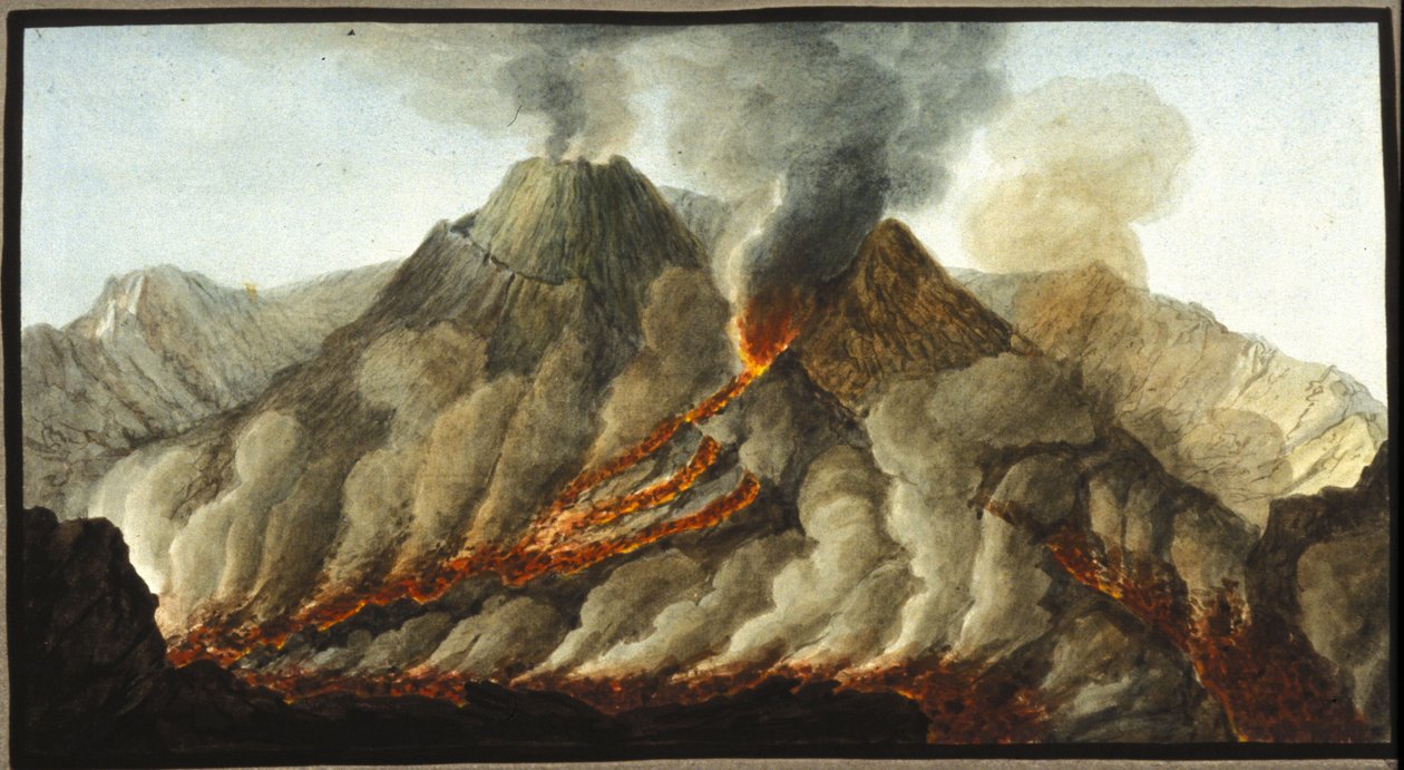 Le Vésuve en éruption. Cette gouache a été réalisée par Pierre Fabris, à la demande de Sir William Hamilton, ambassadeur anglais à Naples. Bibl. Braidense, Milan. - Pietro Fabris