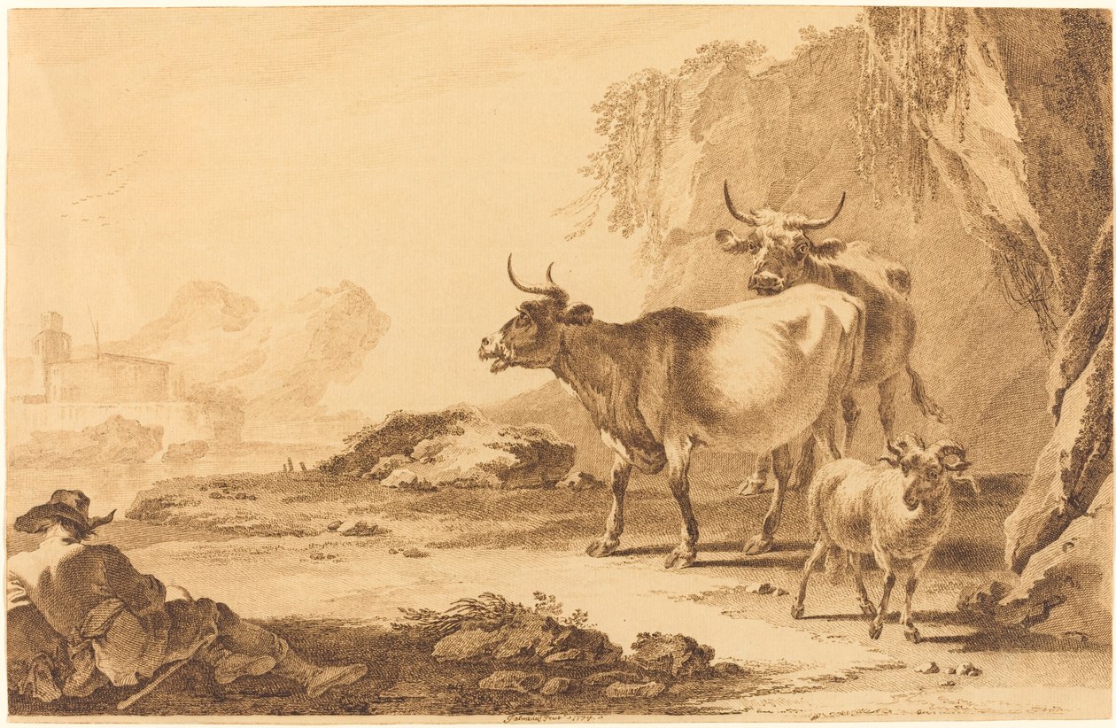 Paysage avec du bétail, une chèvre et un berger au repos - Pietro Giacomo Palmieri