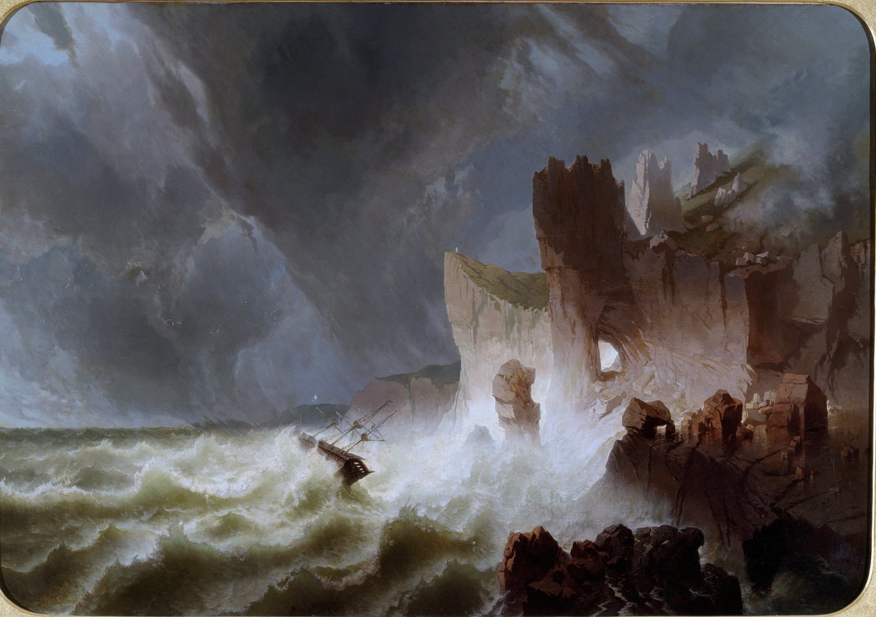 Lido solitaire Paysage marin, avec navire pris dans la tempête, et échoué sur les falaises - Pietro Giuria