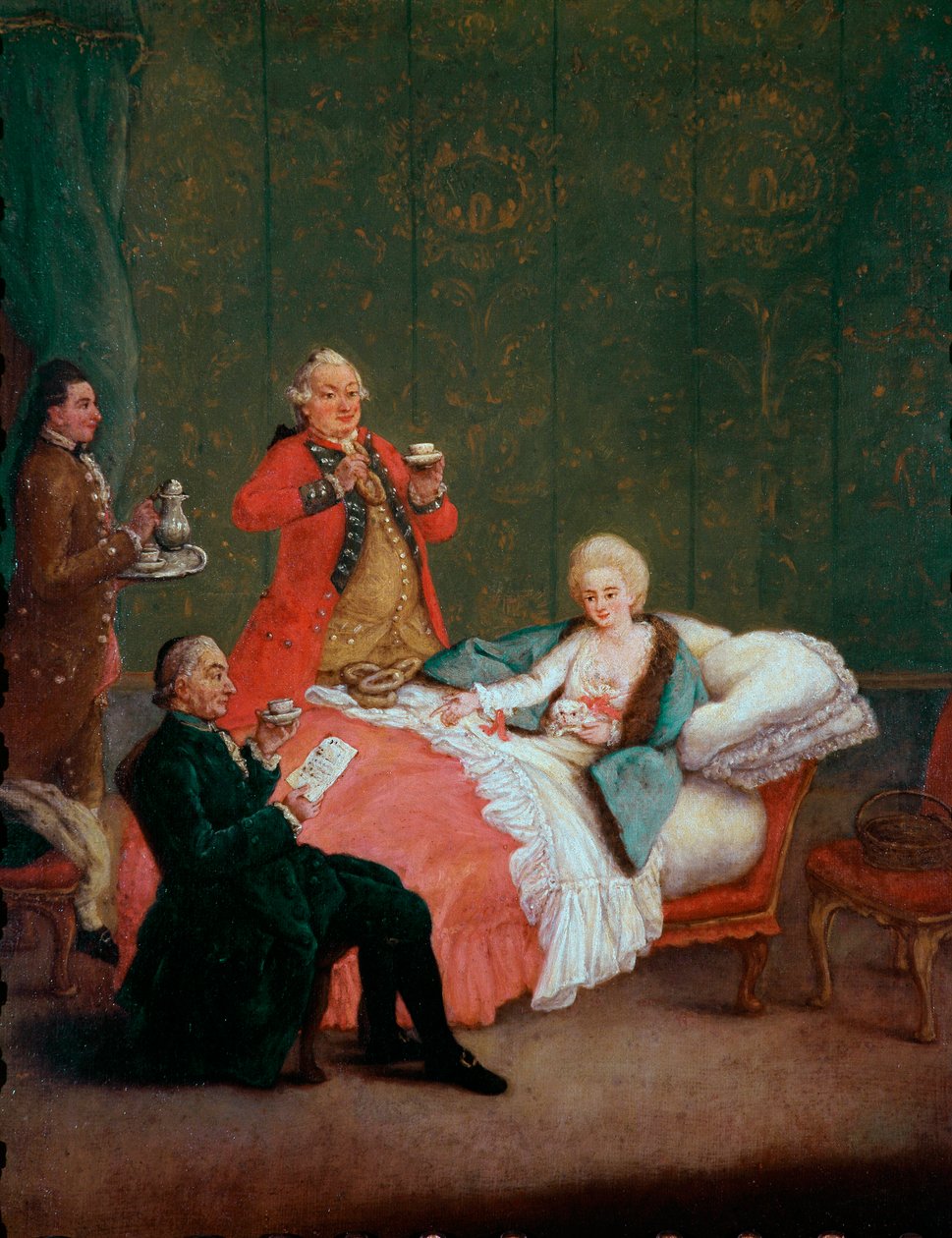 Chocolat du matin jeune femme de la noblesse allongée dans son lit servie par trois hommes - Pietro Longhi