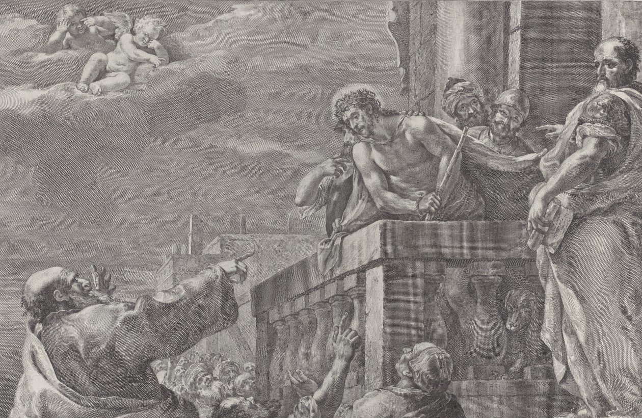 Christ sur un balcon entouré de gardes, Pilate se tient à droite en faisant un geste - Pietro Monaco