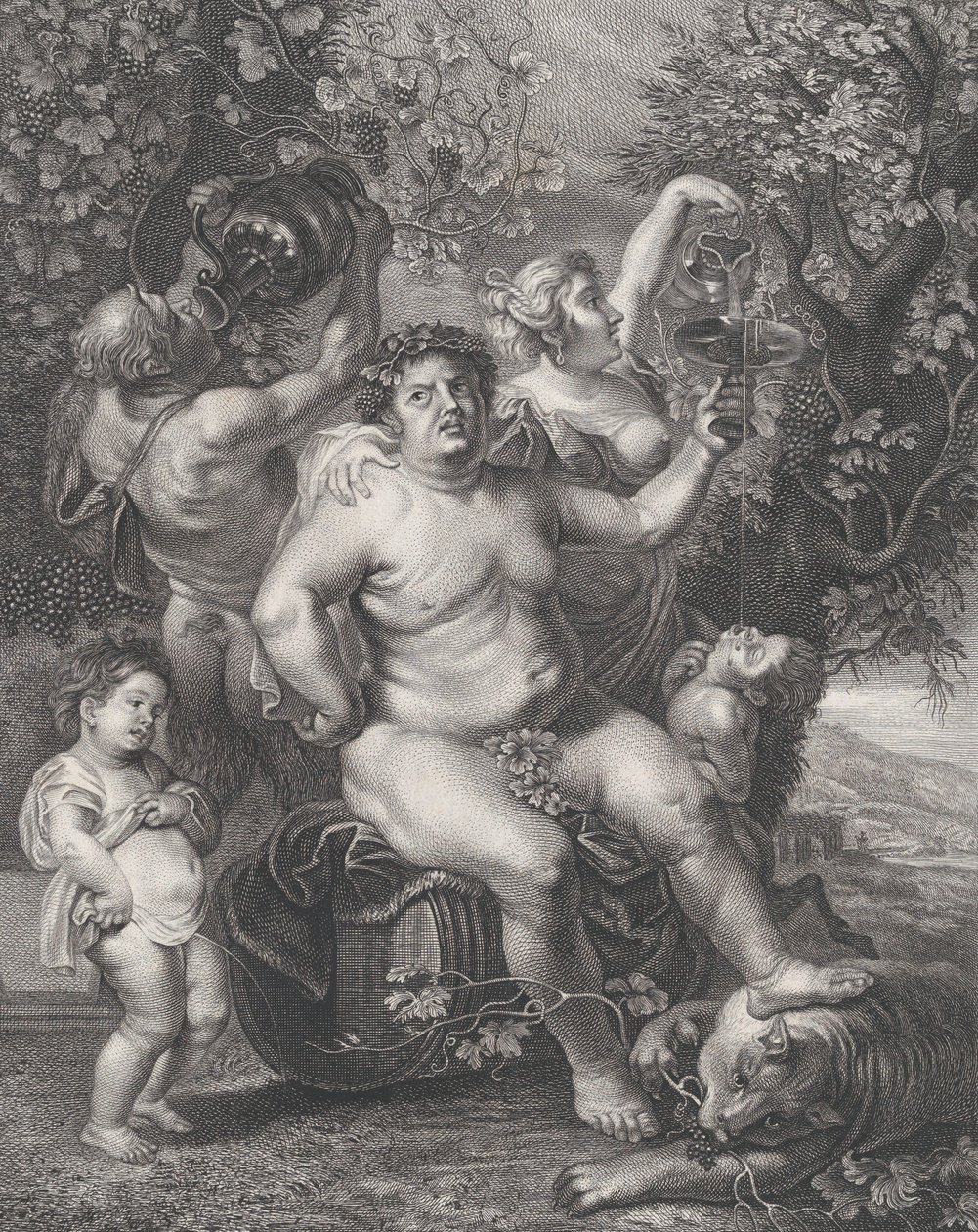 Bacchus assis sur un tonneau devant des vignes, avec des bacchantes, des satyres et des enfants - Pietro Peiroleri