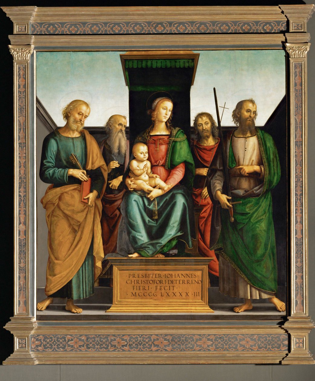 Madone avec les saints Pierre, Jean Évangéliste, Jean-Baptiste et Paul (huile sur bois de peuplier) - Pietro Perugino