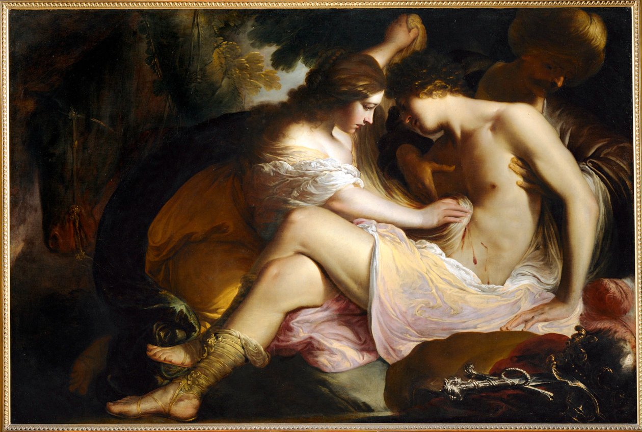 Tancrède blessé, soigné par Hermione, après le duel avec Argante le Sarrasin (peinture sur toile) - Pietro Ricci