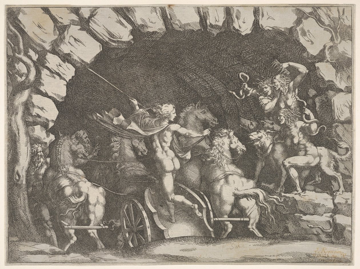 Pluton, vu de dos, entrant dans les Enfers sur son char, Cerbère et trois Furies..., vers 1680 - Pietro Santi Bartoli