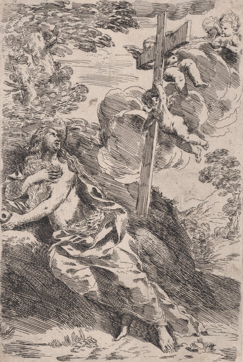 Marie-Madeleine dans le désert, une croix portée par des anges à droite, vers 1630 - Pietro Testa