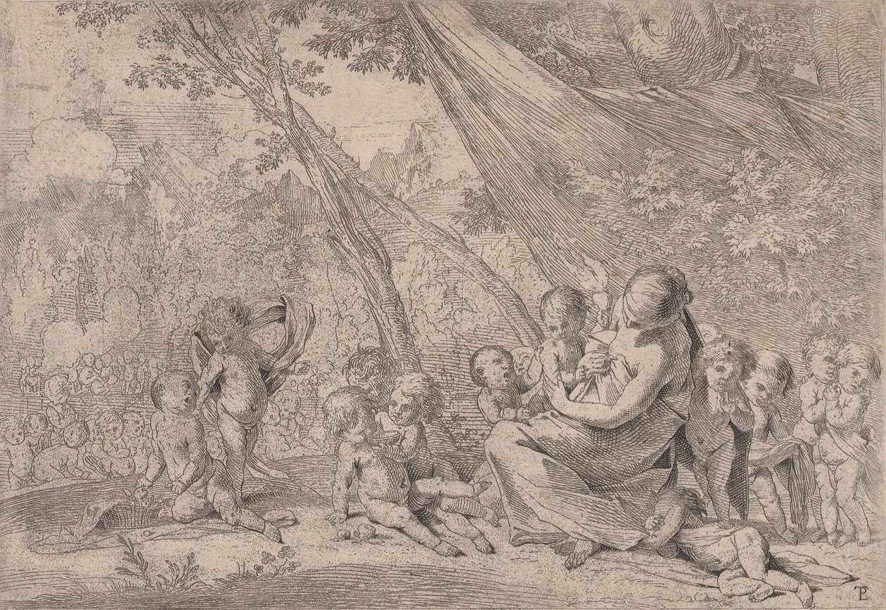 Le jardin de la charité, femme représentant la Charité à droite entourée d
