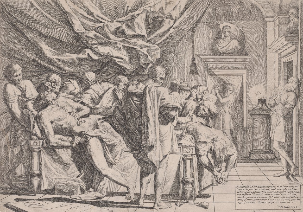 Le suicide du philosophe Caton, qui est allongé sur son lit en train de se retirer les entrailles, observé par..., 1648 - Pietro Testa