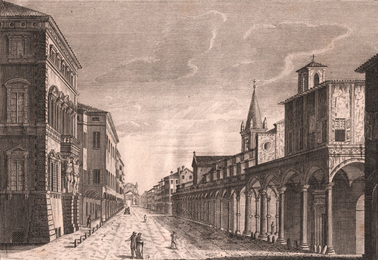 Vue de la Strada Maggiore à Bologne, Émilie-Romagne, Italie (gravure sur cuivre par C Lambertini d