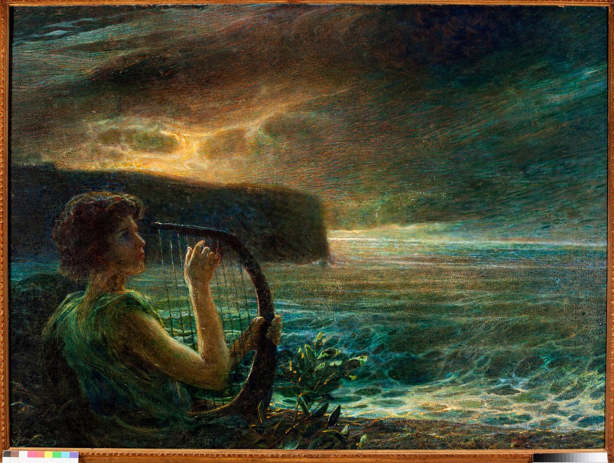 Pleine lune, hommage à une divinité féminine, jouant de la lyre dans un paysage marin avec ciel orageux - Plinio Nomellini