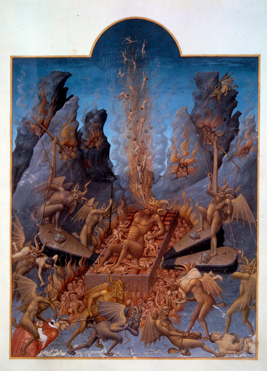 Enfer. Les diables actionnent des soufflets pour attiser le feu, brûlant les damnés et leur infligeant divers tourments. Miniature dans "Les très riches heures du duc de Berry" - Pol de Limbourg