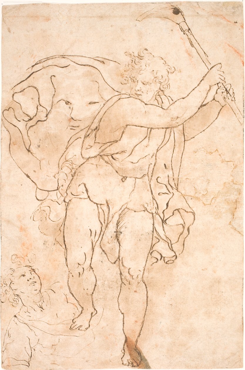 Homme brandissant une pioche. Avec une cape flottante, sur laquelle des traits de visage sommaires. À ses pieds, le torse d