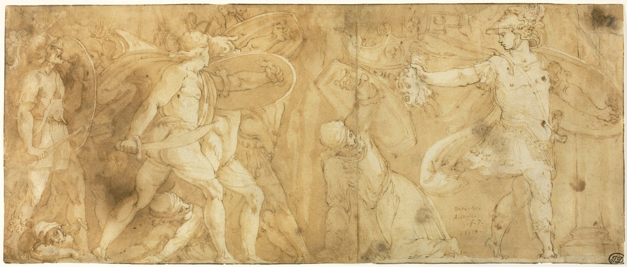 Persée avec la tête de Méduse, transformant Phinée et ses partisans en pierre - Polidoro da Caravaggio