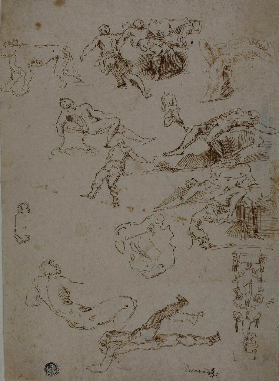 Esquisses de nus masculins, animaux et détails ornementaux - Polidoro da Caravaggio