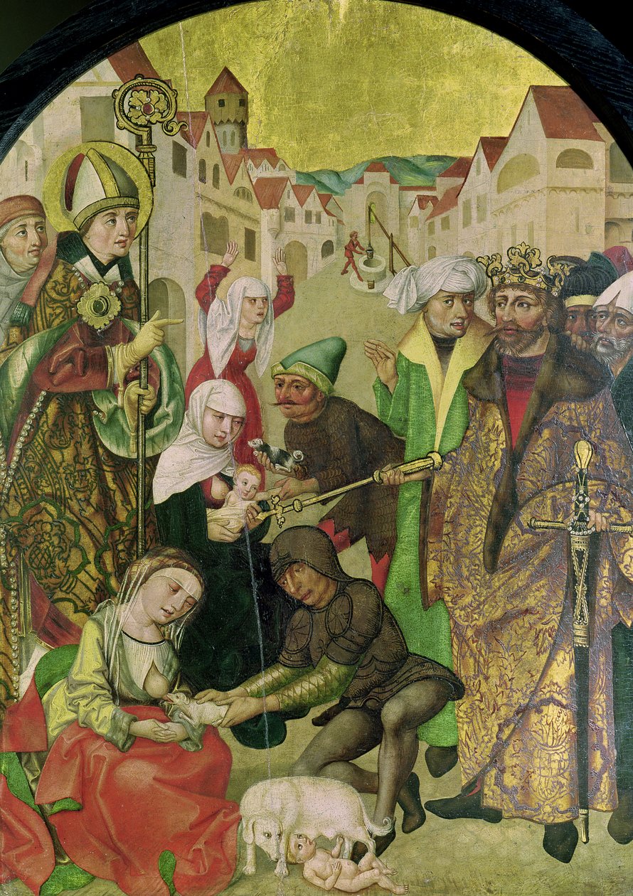 Saint Stanislas (1030-79) regardant la punition des épouses infidèles ordonnée par le roi Boleslas II (1039-81) panneau du Retable de Saint Stanislas - Polish School