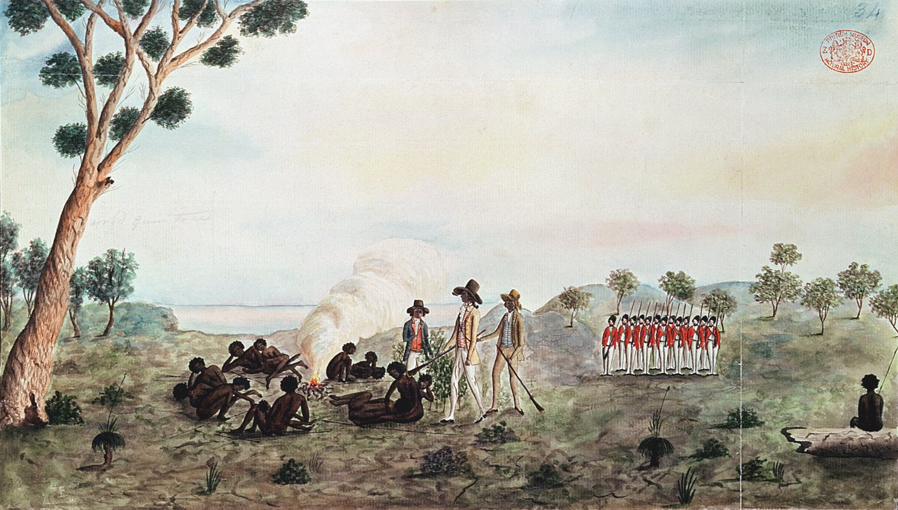 M. White, Harris et Laing avec un groupe de soldats visitant Botany Bay Colebee à cet endroit lorsqu