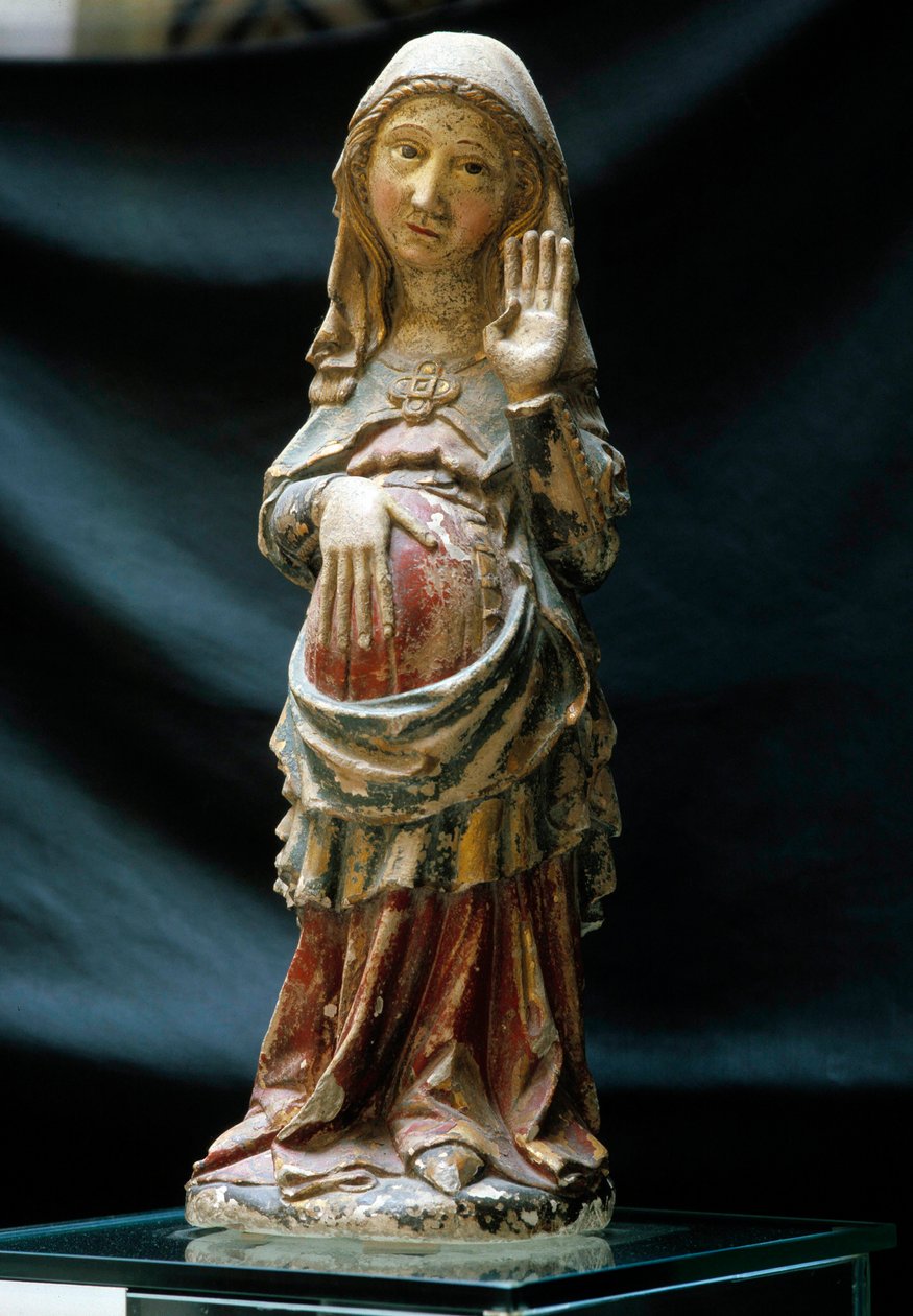 Art portugais : représentation de la Vierge enceinte avec une main sur son ventre. Sculpture en pierre polychrome - Portuguese School