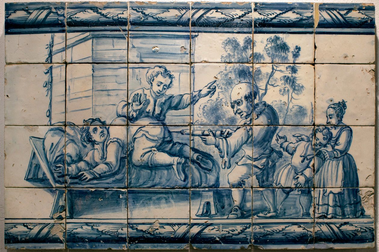 Le médecin faisant un lavement à un patient - Panneau satirique de Lisbonne, première moitié du XVIIIe siècle - Musée national des azulejos, Lisbonne (Portugal) - Portuguese School
