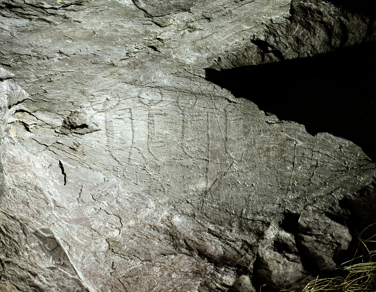 Préhistoire, art rupestre : représentations gravées de deux paires de bœufs tirant un chariot - Prehistoric Prehistoric