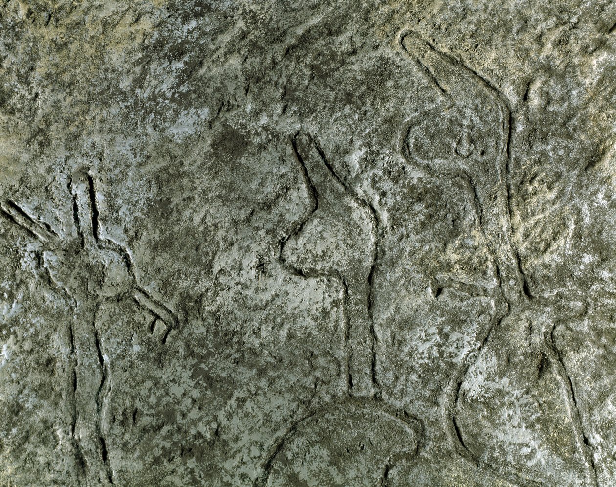 Préhistoire, art rupestre : pétroglyphe (graffiti sur pierre) représentant une scène de chasse. Néolithique, Âge de pierre. (Azerbaïdjan) Âge du bronze. Bakou, Musée national d