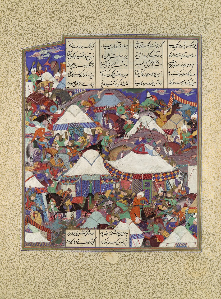 Le camp iranien ivre attaqué de nuit, Folio 241r du Shahnama - Qadimi