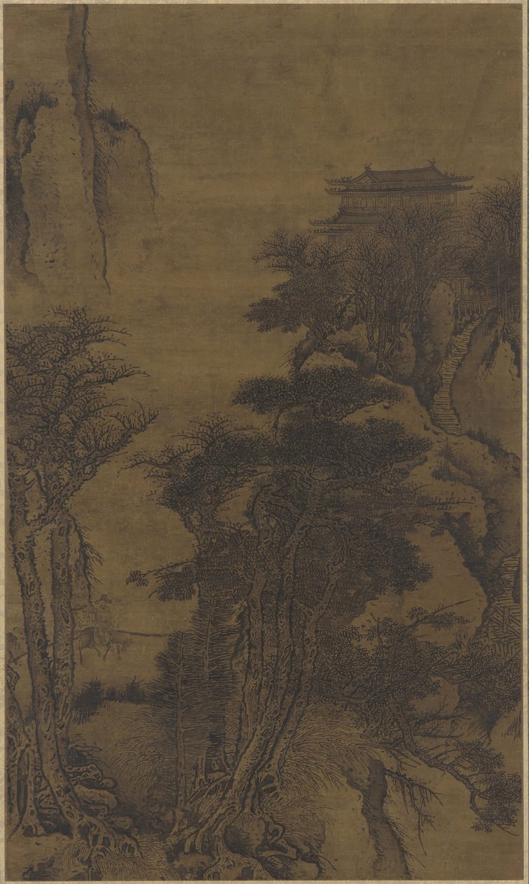 Paysage avec temple et voyageurs - Qing Dynasty Chinese School