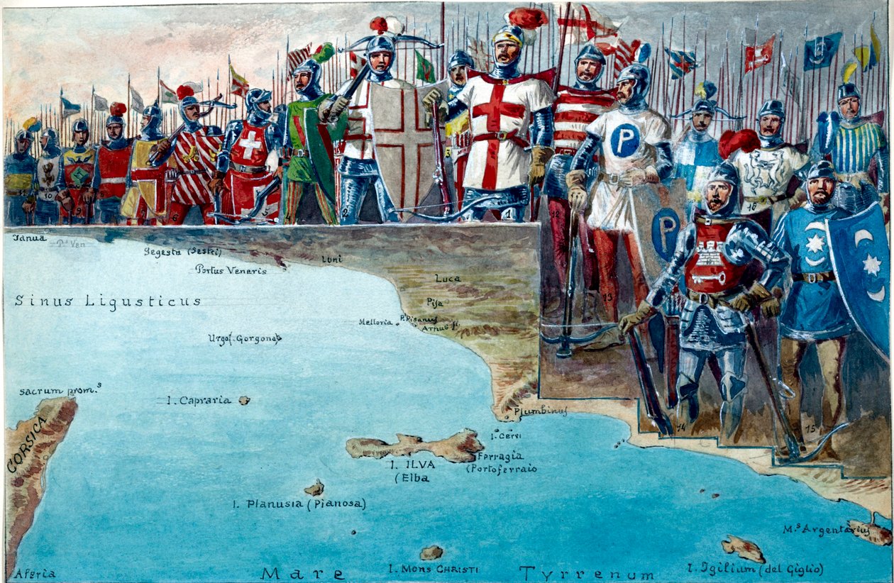 Carte du champ de bataille de la bataille de Meloria en 1284, avec les uniformes et costumes militaires des troupes génoises y participant - Quinto Cenni