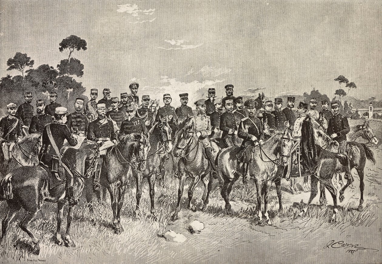 Officiers des armées étrangères visitant des soldats italiens en Lombardie, Italie (gravure) - Quinto Cenni