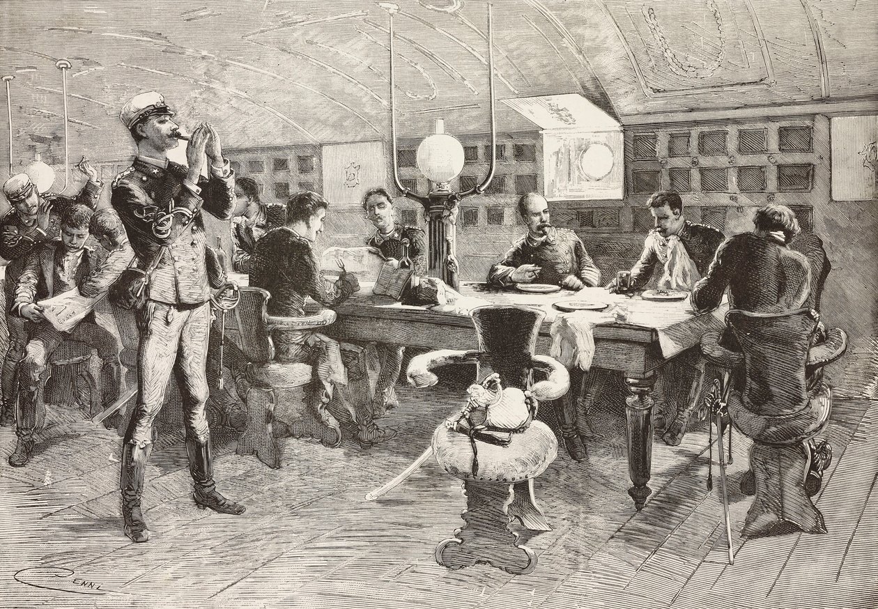 Officiers italiens dans la cabine du navire Gottardo, expédition italienne en mer Rouge (gravure) - Quinto Cenni