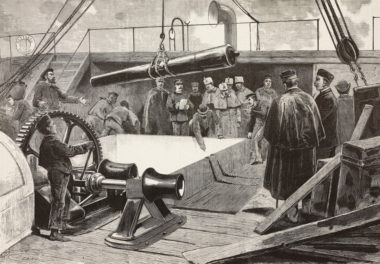 Marins et officiers italiens mettant en place le navire Gottardo, expédition italienne en mer Rouge, Palerme, Italie, gravure d