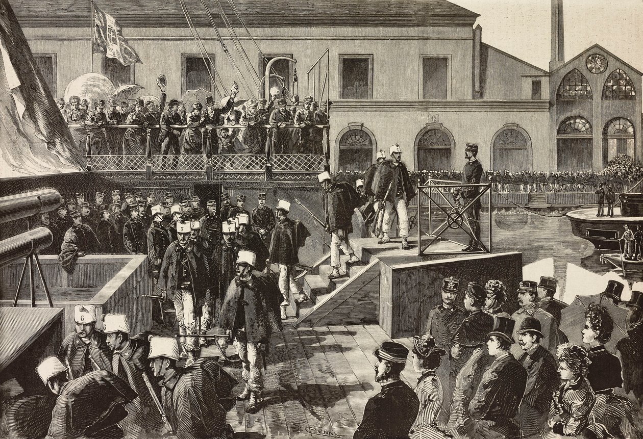 Soldats italiens embarquant sur le navire Washington, Naples, Italie, troisième expédition italienne en mer Rouge, gravure d
